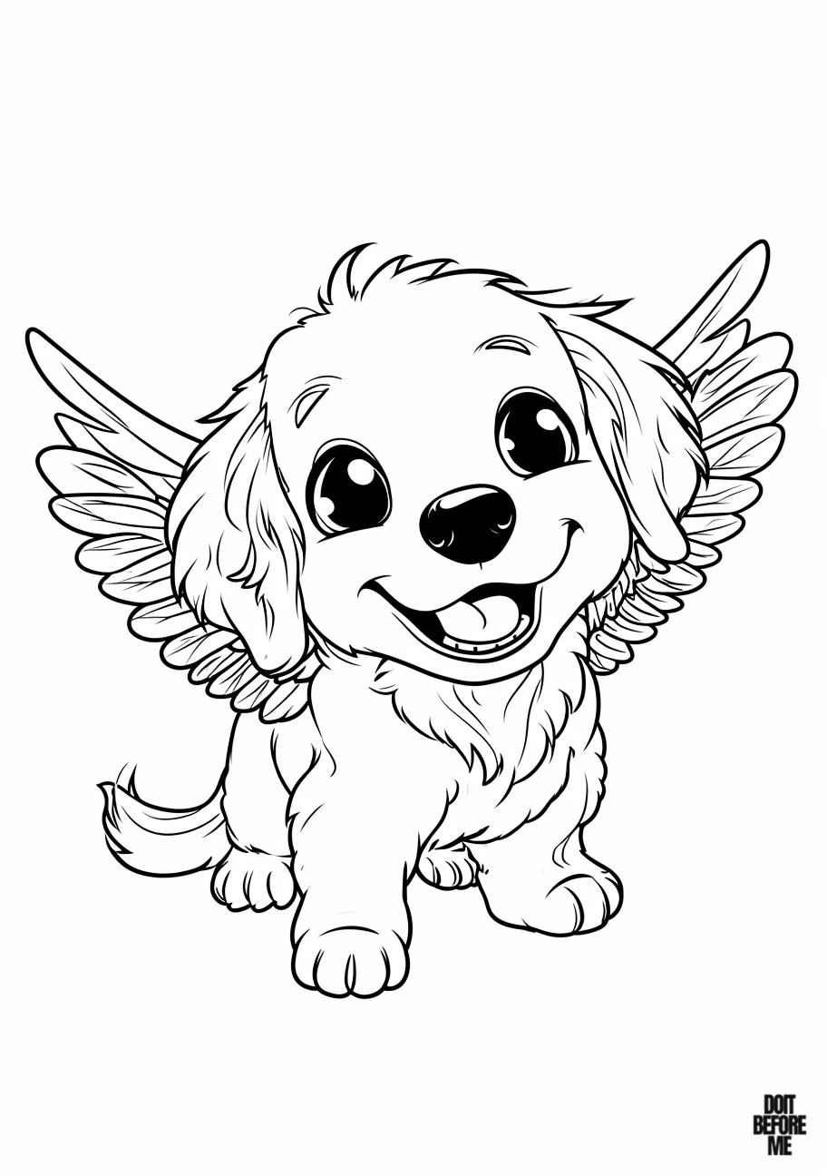 Cute free printable coloring page featuring a cartoon golden retriever puppy with angel wings, displaying happiness. Perfect for kids' coloring.