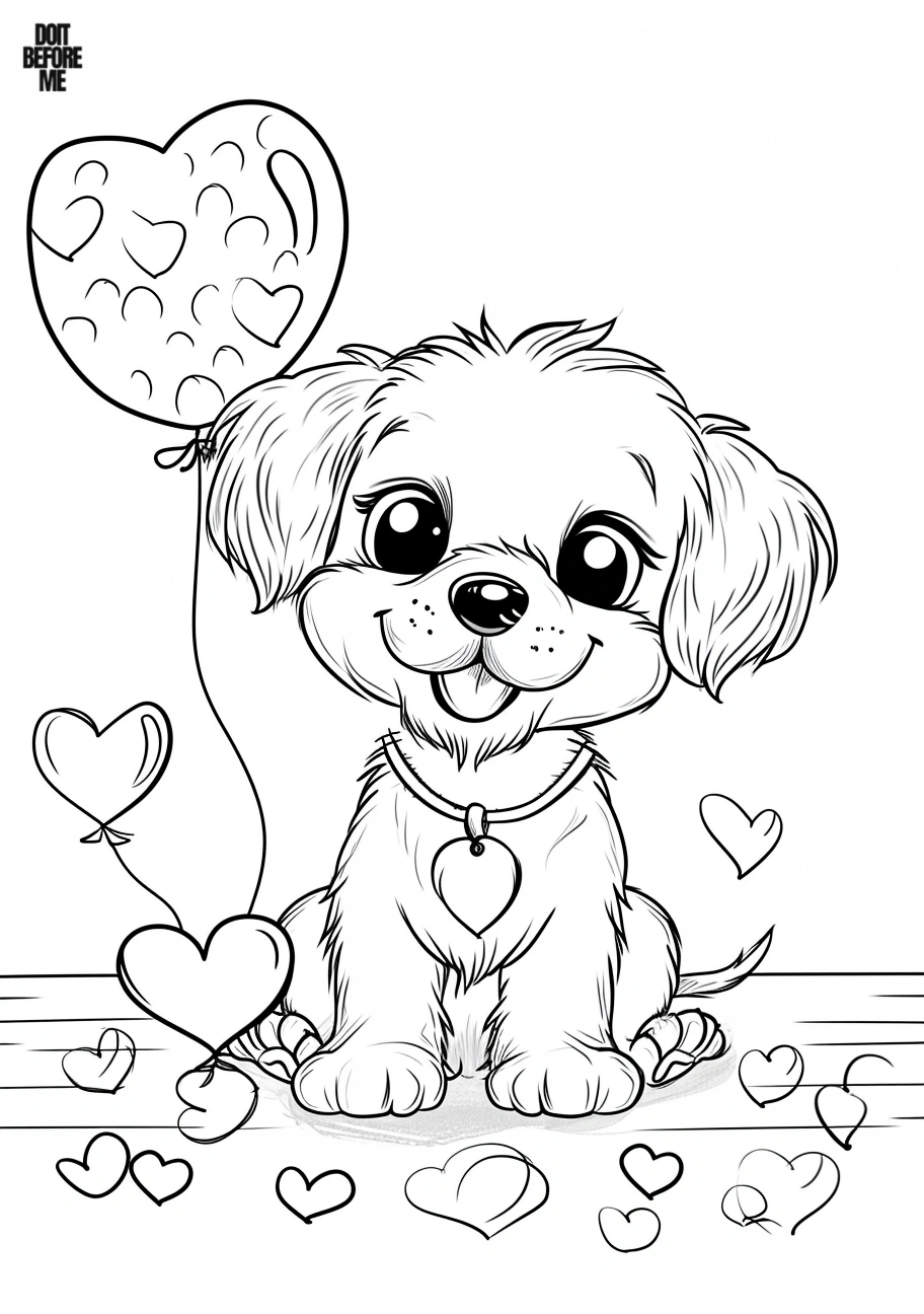 Free printable coloring page with a joyful golden retriever puppy, surrounded by a balloon and hearts, designed for kids.