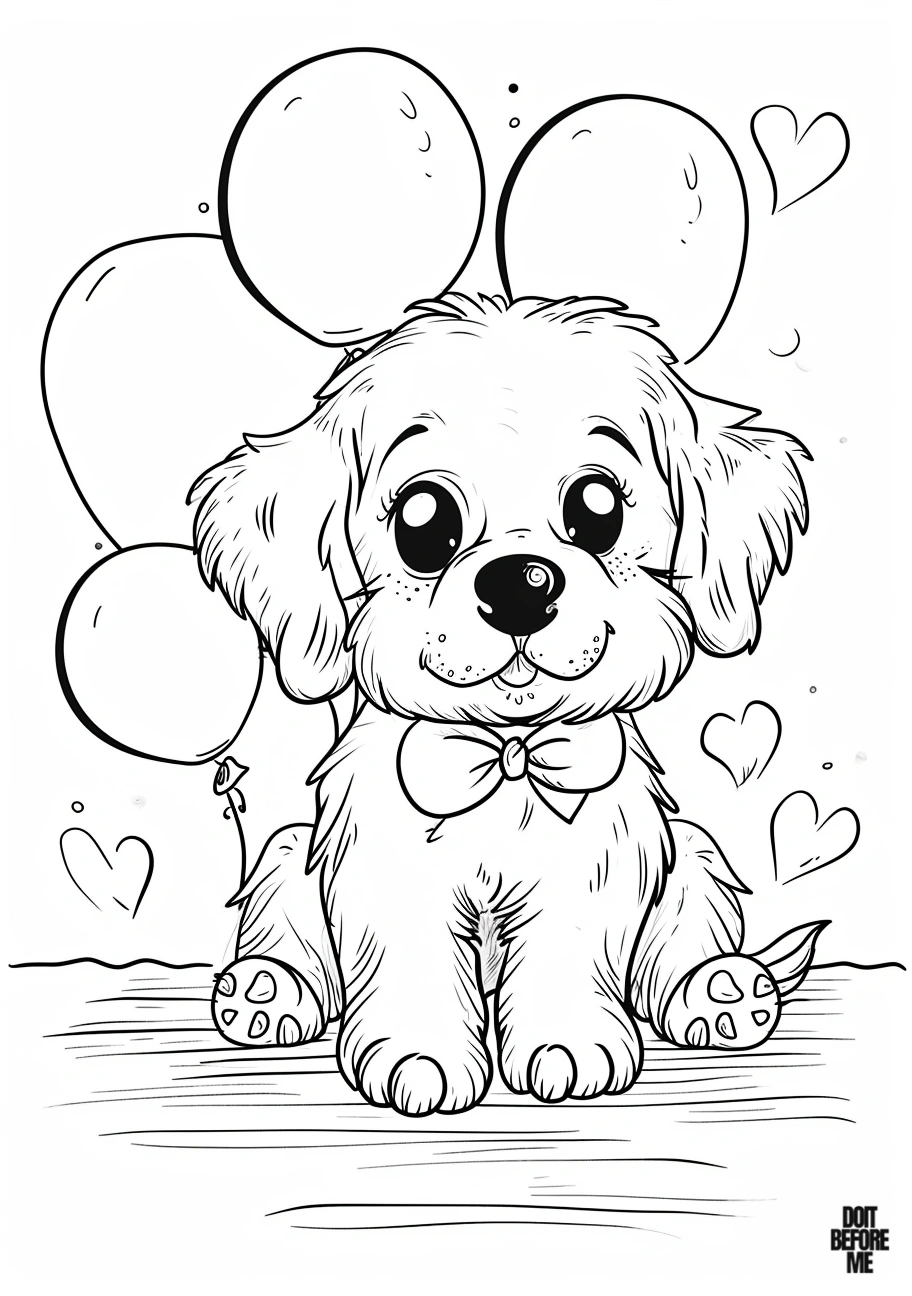 A cute coloring page featuring a well-behaved golden retriever puppy wearing a bow tie. The background showcases balloons and hearts, adding to the joyous atmosphere.