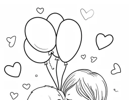 A heartwarming coloring page featuring a charming illustration of a cute girl joyfully embracing a golden retriever puppy, radiating warmth and companionship, with balloons and hearts in the background, suitable for kids and adults.