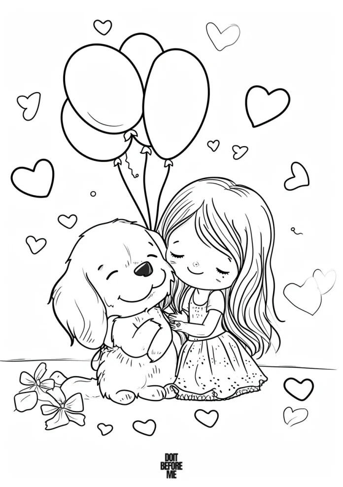 A heartwarming coloring page featuring a charming illustration of a cute girl joyfully embracing a golden retriever puppy, radiating warmth and companionship, with balloons and hearts in the background, suitable for kids and adults.