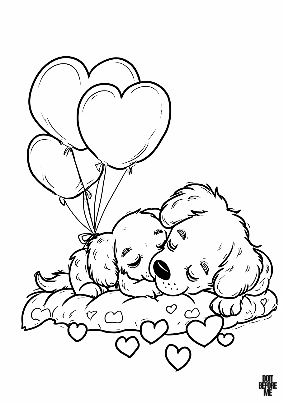 Simple and cute coloring page featuring a Golden Retriever puppy peacefully sleeping on a cozy dog pillow beside its mother. The charming scene is adorned with heart-shaped balloons, creating a heartwarming atmosphere.