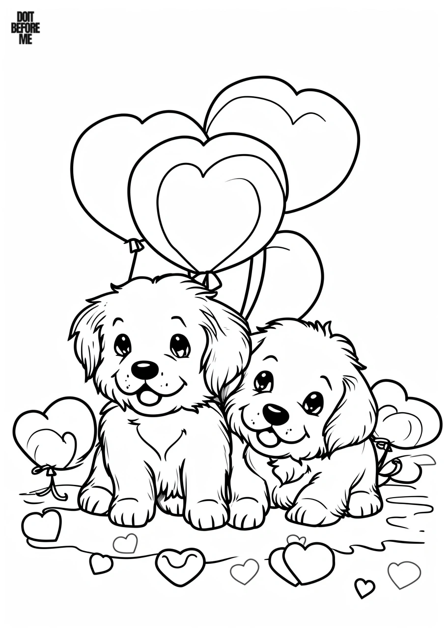 Two adorable golden retriever puppies on a coloring page, joyfully smiling and looking cute, surrounded by heart-shaped balloons. Perfect for kids.