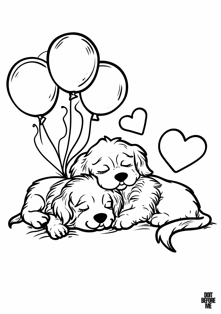 Coloring sheet illustrating golden retriever puppies sleeping together, snuggled against each other, with hearts and balloons in the background.