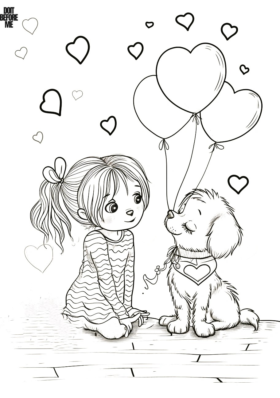 Adorable kawaii-style colouring page featuring a cute girl sitting with her golden retriever puppy. Balloons and hearts adorn the background, making it easy to color. Perfect for both kids and adults.