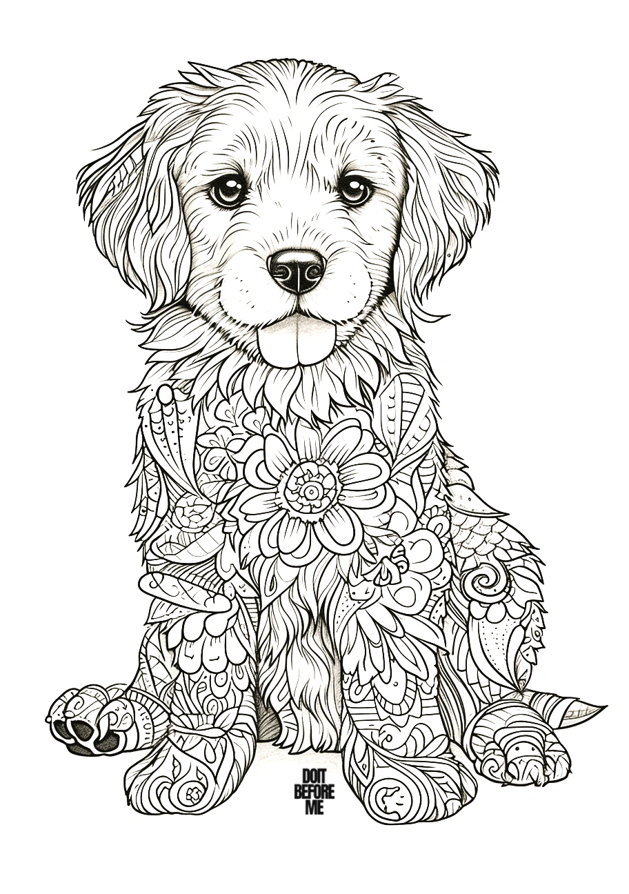 Realistic Printable Cute Dog Golden Retriever Puppy Mandala Coloring Page