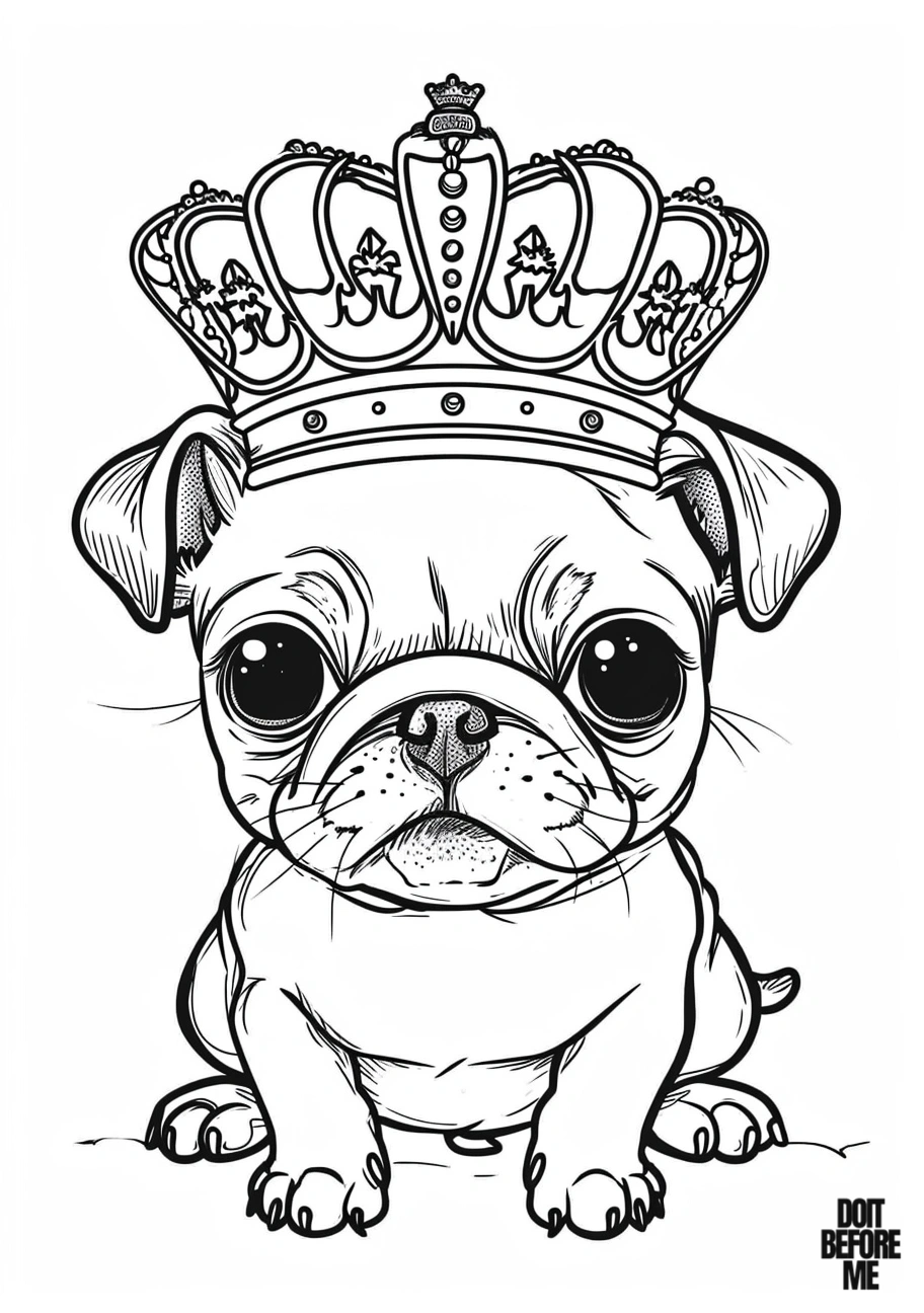 king pug puppy wearing crown coloring page