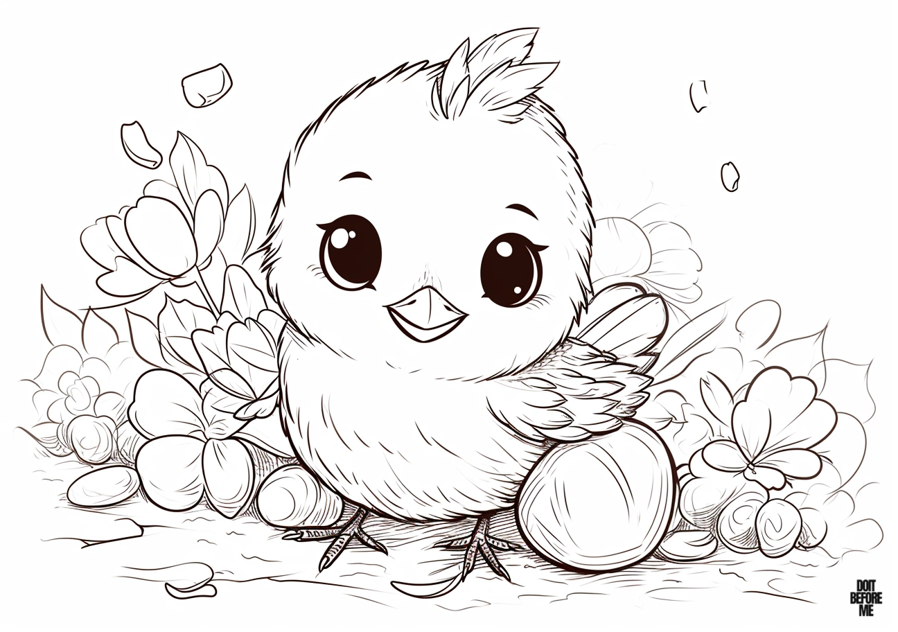 Coloring page of a chubby cute baby bird standing in its nest, with flowers and tiny stones behind the bird.