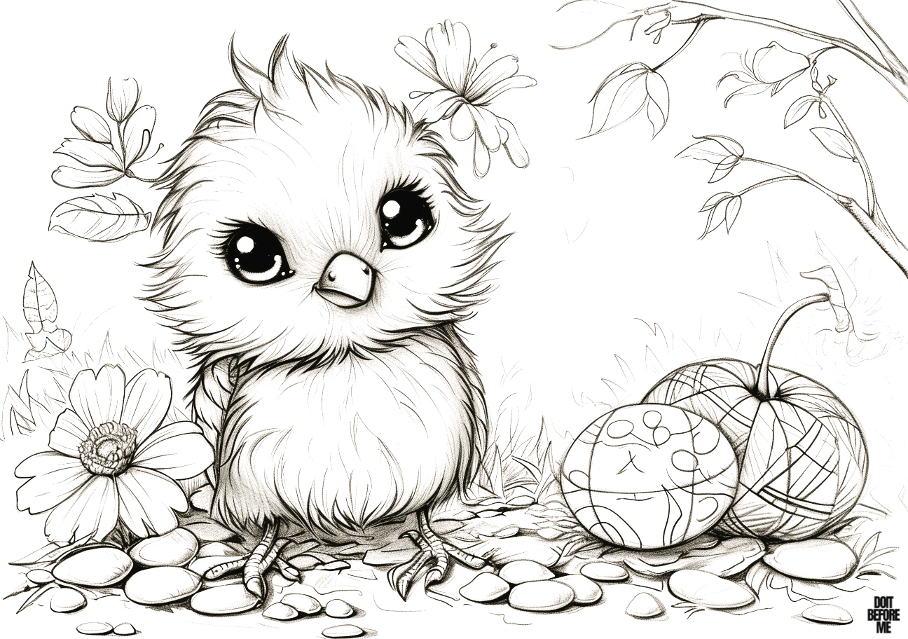 Chubby realistic cute baby bird coloring page standing in its nest, there are flowers and pumpkins next to the bird, suitable for adults to color.