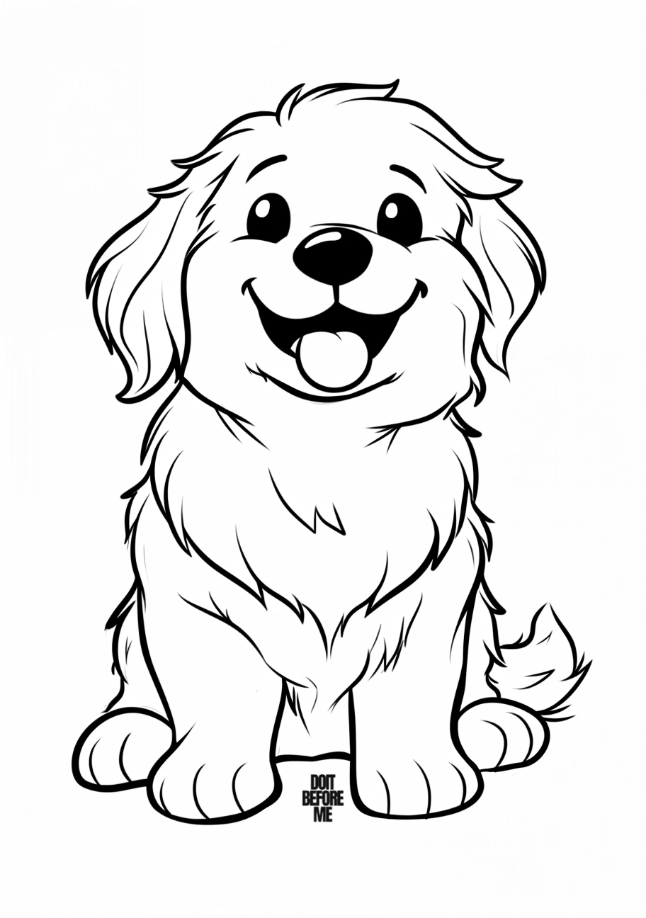 A printable coloring page featuring a baby golden retriever with its tongue out, designed for easy coloring for children, kindergarten, and preschoolers.