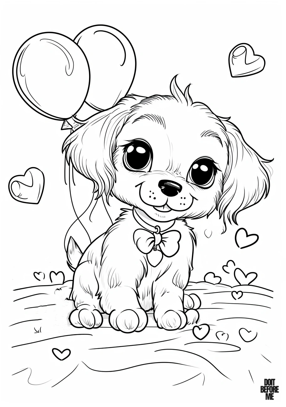 Printable coloring page featuring happy golden retriever puppy, few balloons and hearts at the back. cute and kawaii coloring designs for kids.