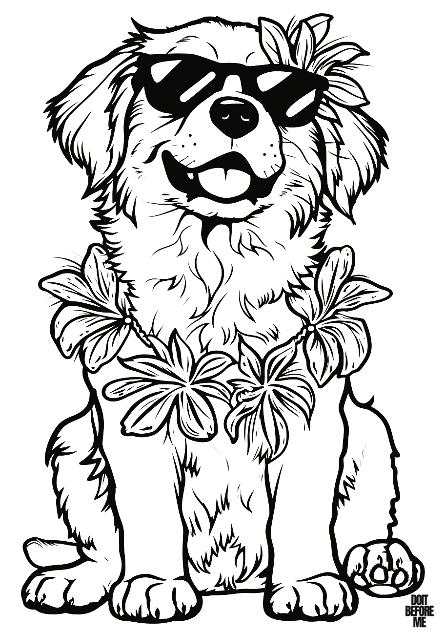 A free printable coloring page of an adult golden retriever with a pleasantly summery look, coolly wearing glasses, sticking out its tongue, and adorned with a Hawaiian flower necklace. It also has a flower attached to its head. Suitable for adult coloring.