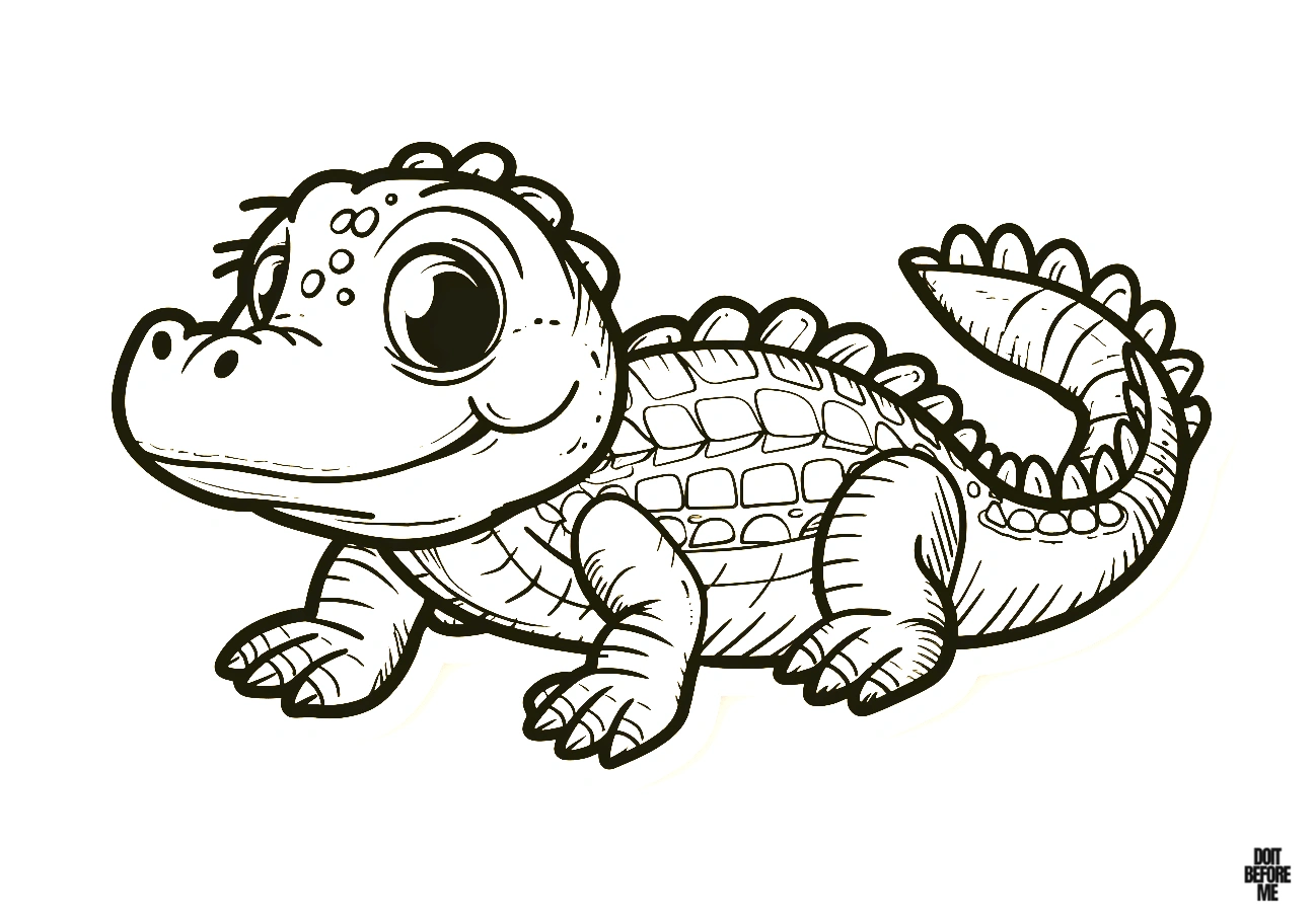 A newly hatched, cute alligator printable coloring page designed for preschoolers and set against a white background. It features a simple and kawaii alligator design.