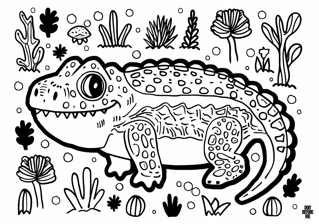 The printable coloring page for toddlers features a large and chubby alligator with a simple and plain design. It includes a wide variety of tiny cartoon plants suitable for coloring around the alligator.