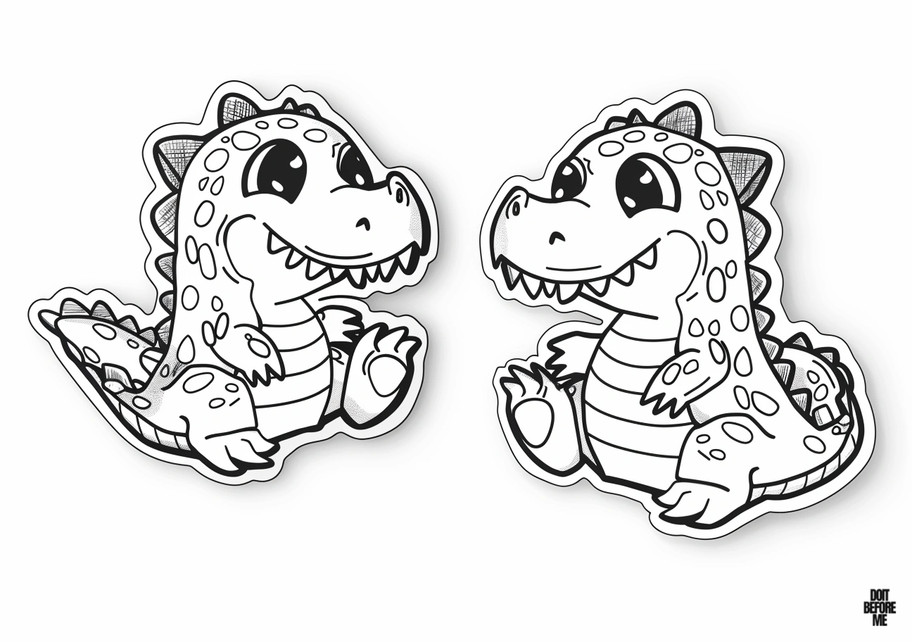 Printable coloring page of two cute baby alligators sitting and looking at each other. The baby alligators are depicted in a humanlike manner.