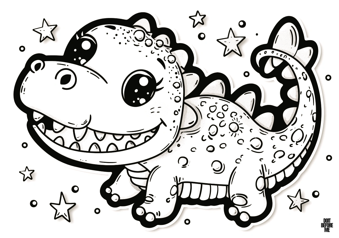 A cute and easy baby crocodile coloring page, adorned with stars and smiling, revealing its teeth. This simple and cartoonish design is ideal for children, preschoolers, and toddlers.