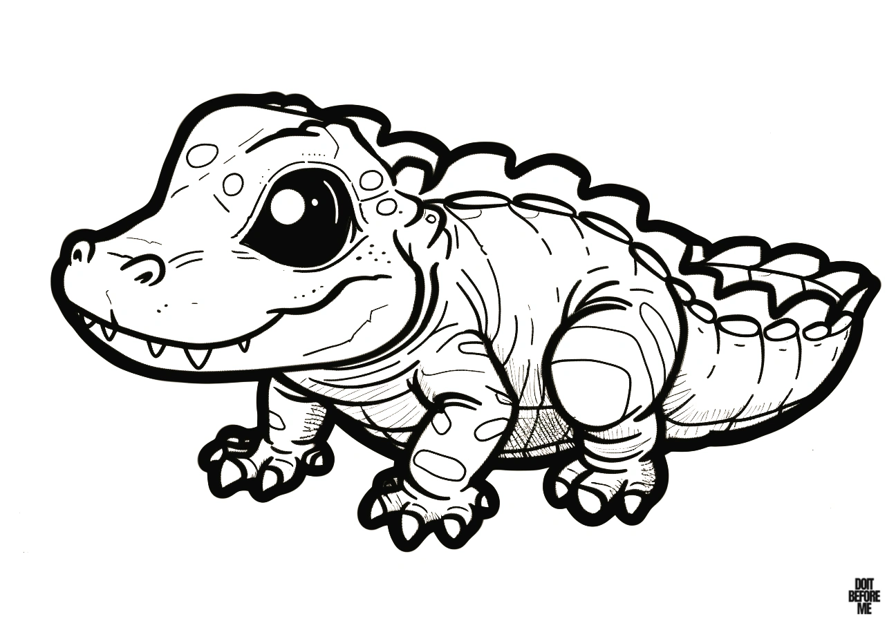 Printable baby crocodile coloring page designed in a kid-friendly drawing style.