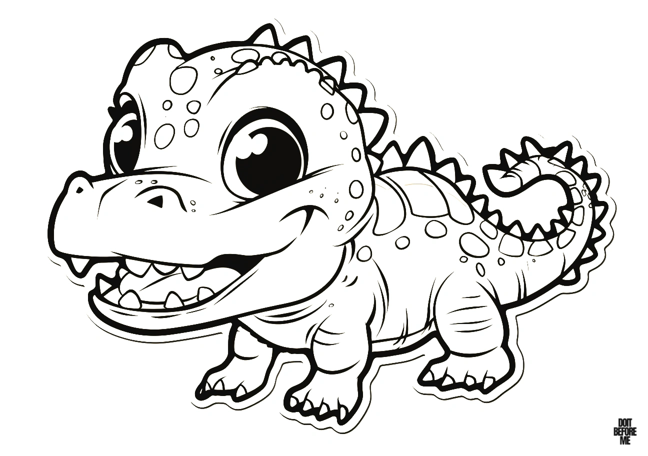 Printable coloring page featuring a cute baby crocodile with a friendly and happy expression, designed for kids with its simple and easy-to-color layout.