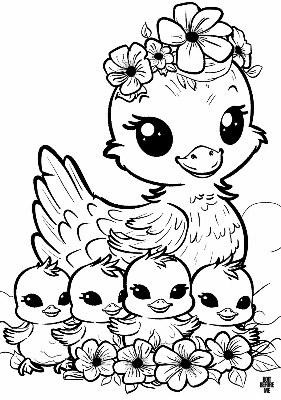 Coloring page featuring a kawaii depiction of a mother duck surrounded by four duckling babies amidst delicate floral accents. The simple and clear design encourages enjoyable coloring for both children and adults.