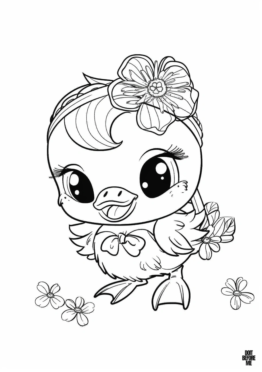 Free printable cute coloring page featuring a female baby duckling adorned with a flower crown, ribbon, and surrounded by small flowers for adults.