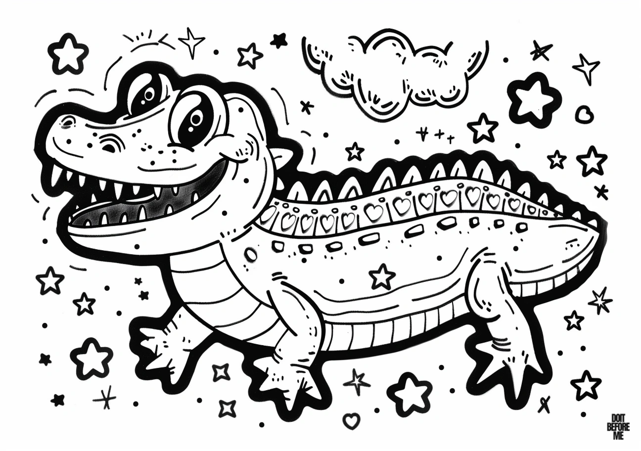 A coloring image of a kawaii crocodile, depicted with stars and clouds in the background. The crocodile lacks a tail but possesses shining eyes and features shapes of tiny hearts.