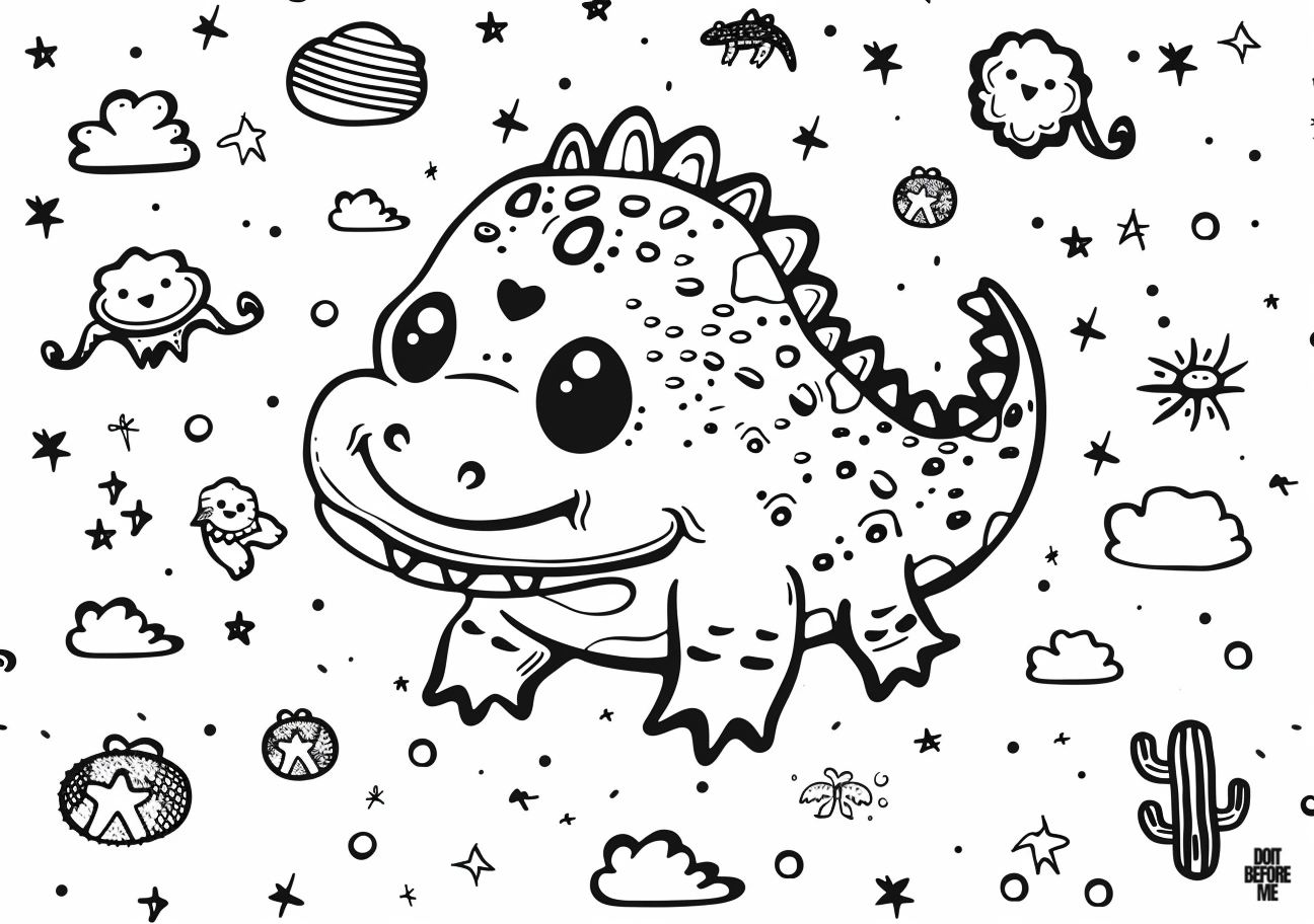 Printable coloring page for kids featuring a kawaii small crocodile, with adorable clouds, stars, and cactuses in the background.