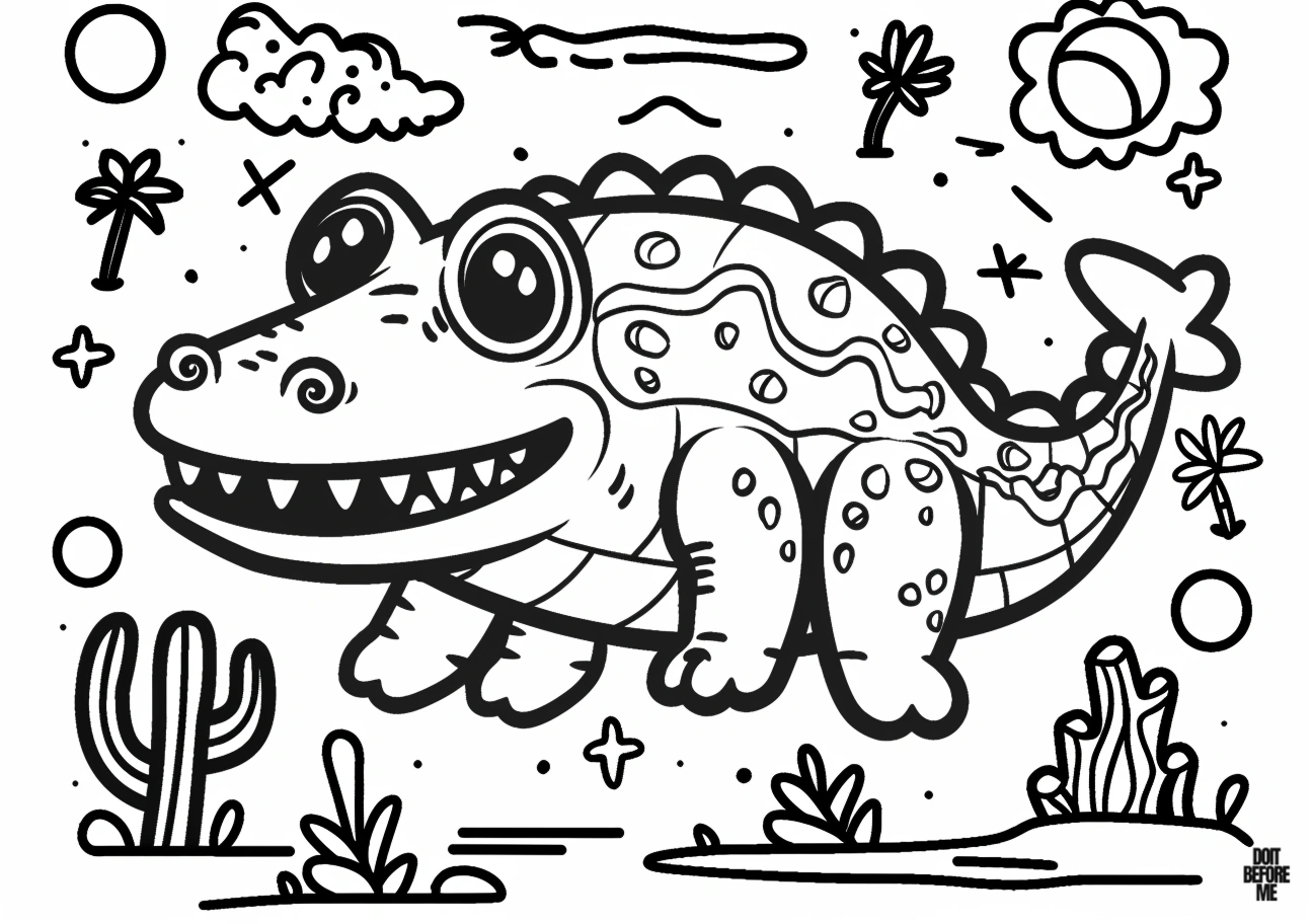 Printable coloring page illustrating an easy design of a crocodile for toddlers, featuring a cloud palm tree, a sun cactus, a moon, and a few cute plants in the background.