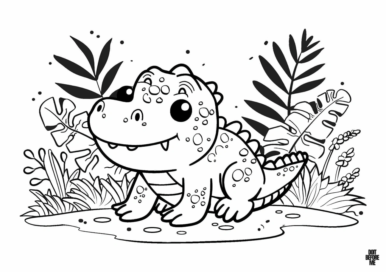 Easy designed crocodile free printable coloring page for kids with an innocent stance, with several small plants in the background.