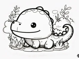 Printable cartoon animal coloring page featuring an kawaii alligator/crocodile in black and white. Suitable for both adults and children, toddlers, and preschoolers, thanks to its sweet, cute, simple, and easy design.