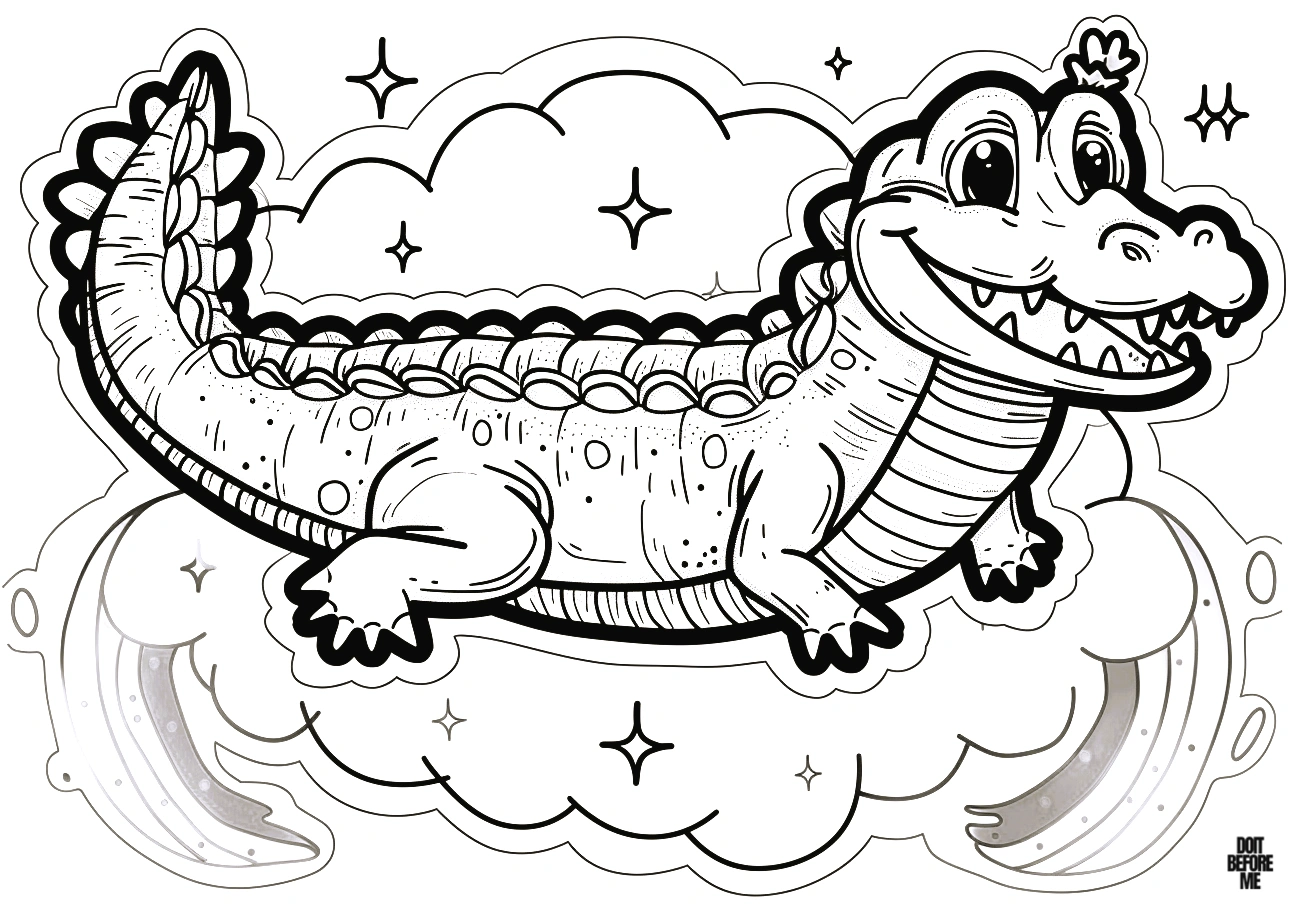 Printable coloring sheet for kids illustrating a kawaii adult crocodile with sparkles around it, making it shine on a cloud.