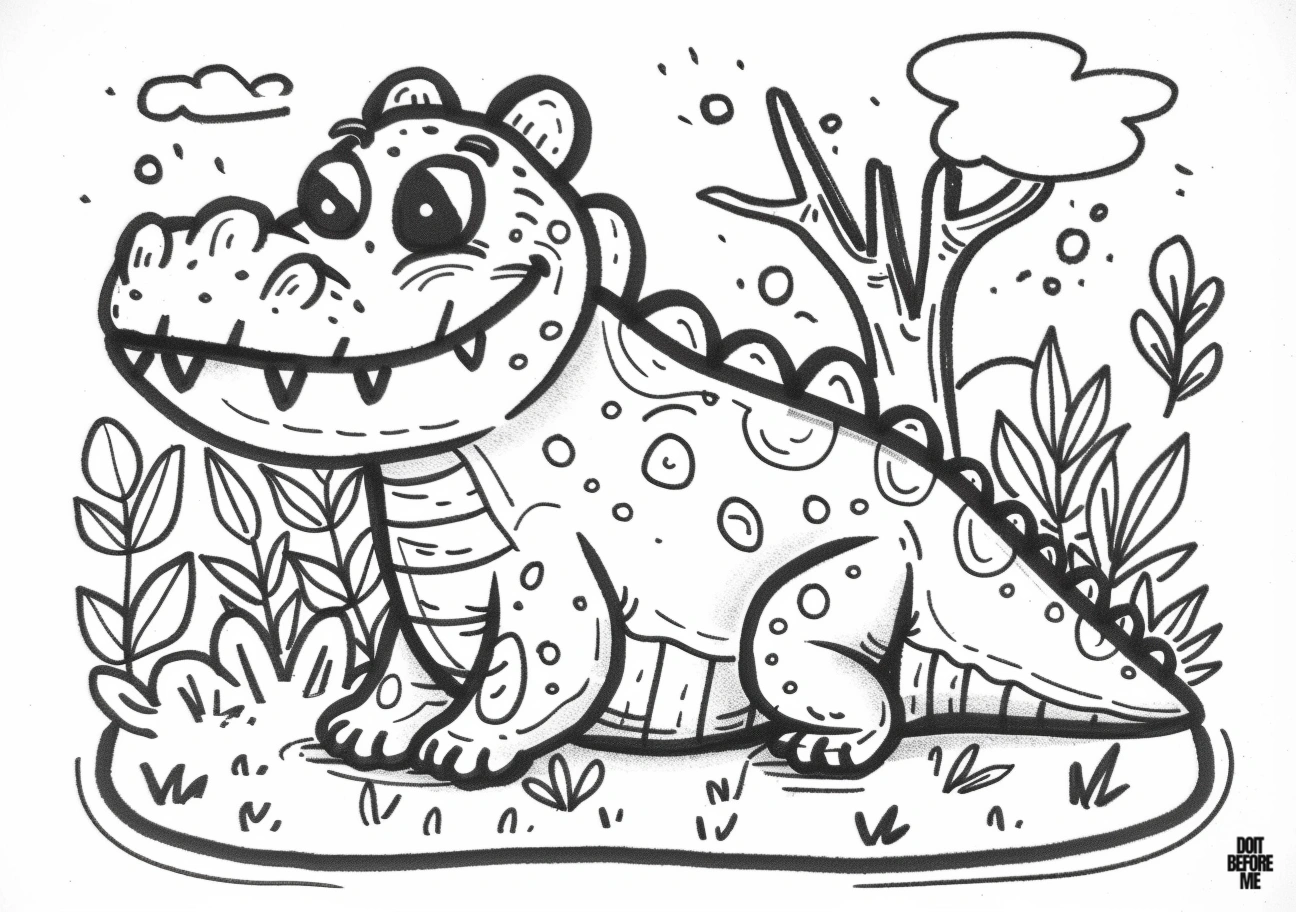 Printable coloring sheet featuring a cute crocodile. In the background, there is grass on the ground with a tree and two clouds.