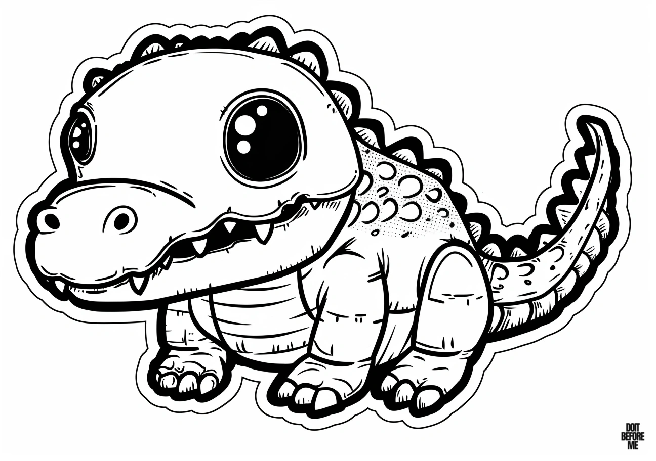 Printable coloring page featuring a kawaii-looking, cute alligator with slightly scary, big heads, designed for children.