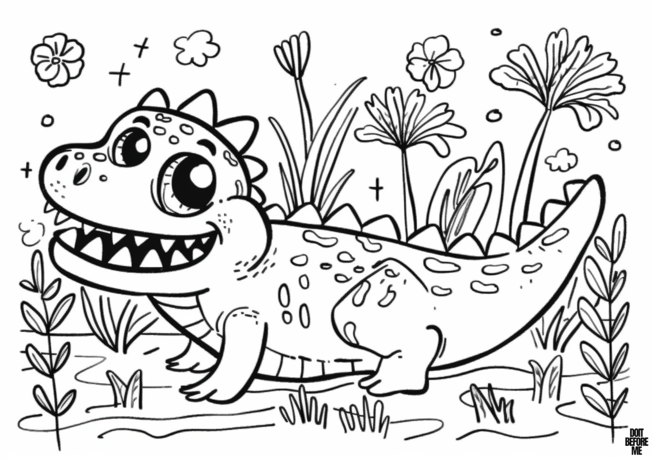 Printable coloring page featuring a cute baby alligator smiling broadly, displaying all of its teeth, designed for kids and toddlers.