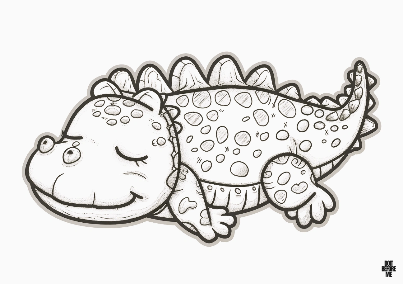 Printable kawaii cute sleeping baby alligator coloring page both for kids and adults.