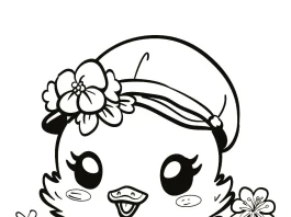 A printable coloring page depicts a mother duck leading her trio of cute baby ducklings, creating an endearing scene reminiscent of a children's coloring book illustration. The mother duck wears a simple hat adorned with a flower.