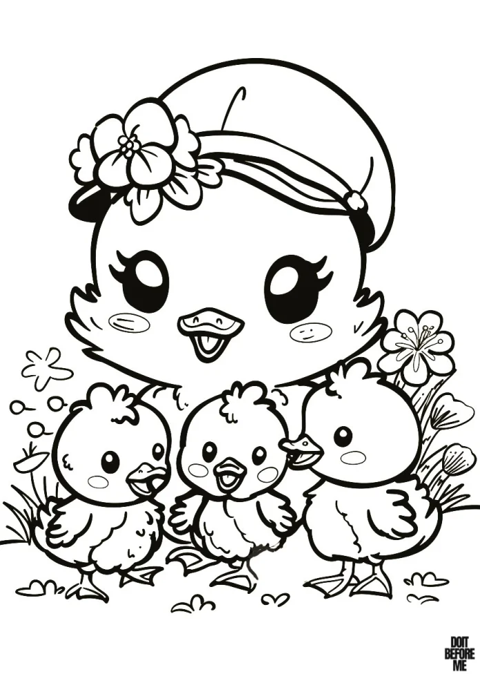 A printable coloring page depicts a mother duck leading her trio of cute baby ducklings, creating an endearing scene reminiscent of a children's coloring book illustration. The mother duck wears a simple hat adorned with a flower.