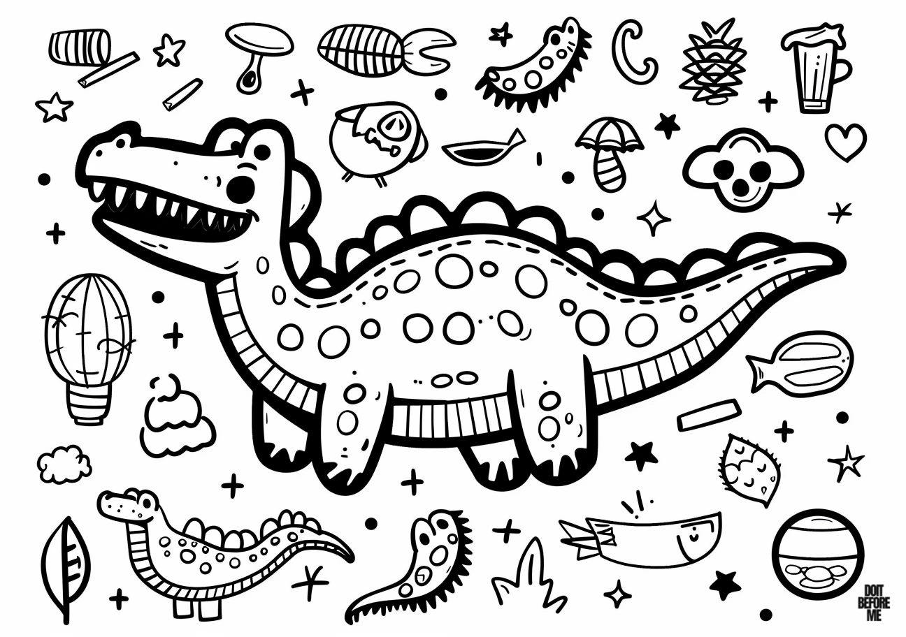 Printable colouring page featuring a cute crocodile resembling a dinosaur, adorned with small, adorable designs suitable for colouring.