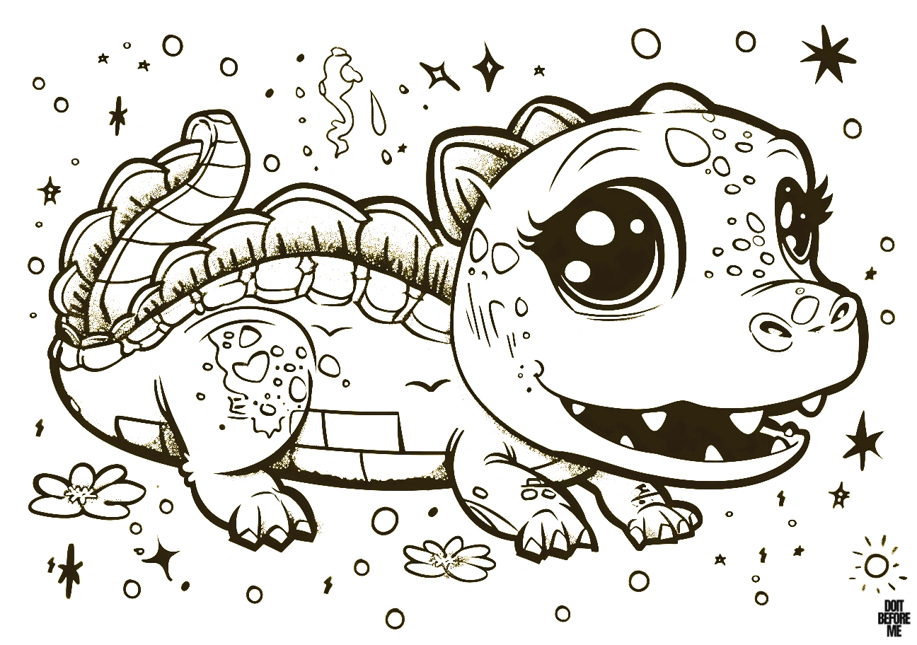 Printable cute baby crocodile colouring page for kids, with its big adorable eyes and slightly sad expression, is perfect for those who enjoy kawaii design. The background of the colouring sheet showcases simple stars, flowers, and water bubbles.