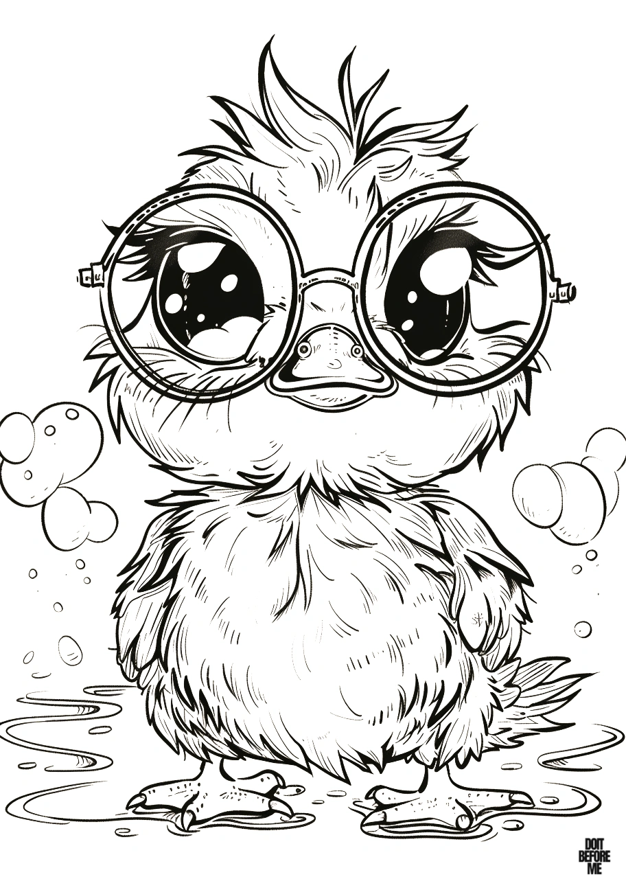 The coloring page features a baby duck with giant kawaii eyes wearing huge glasses, providing a lovely and appealing activity for both children and adults due to its charming design and simple details.