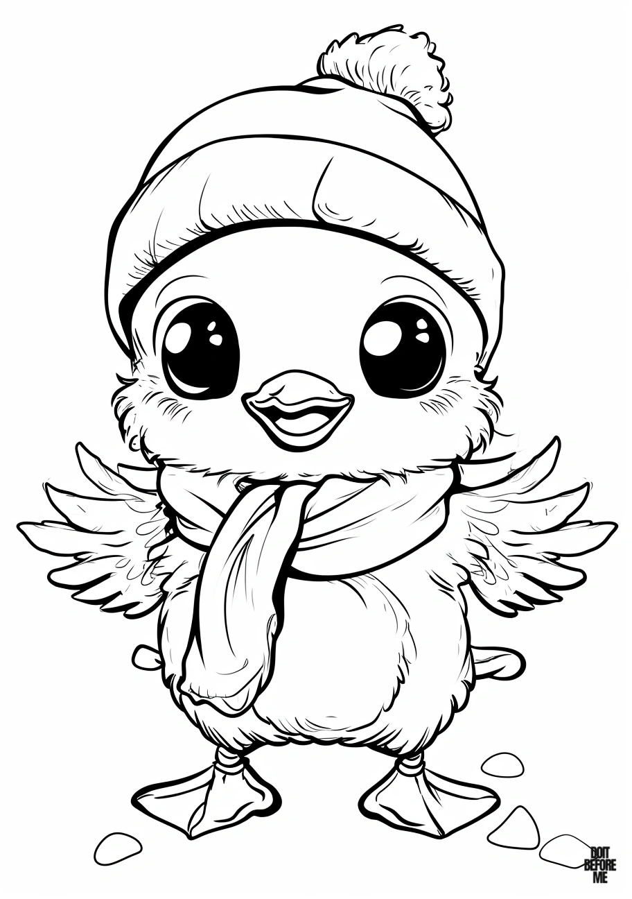 A cheerful baby duck wearing a cozy beanie and scarf. This coloring page features a simple design ideal for children, preschoolers, and toddlers to enjoy during the winter season.