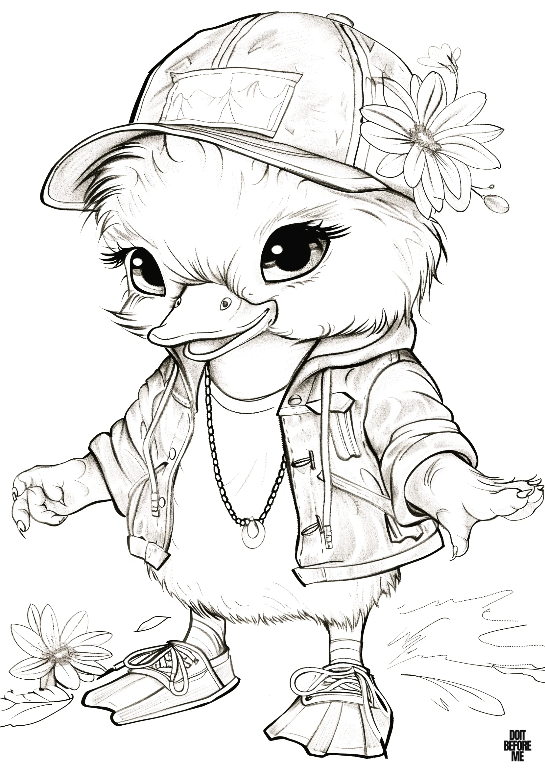 Free printable coloring page featuring a stylish humanlike baby duckling wearing a jacket, a chain necklace, and a sports hat adorned with a flower. The intricate details appropriate for adult coloring enthusiasts.