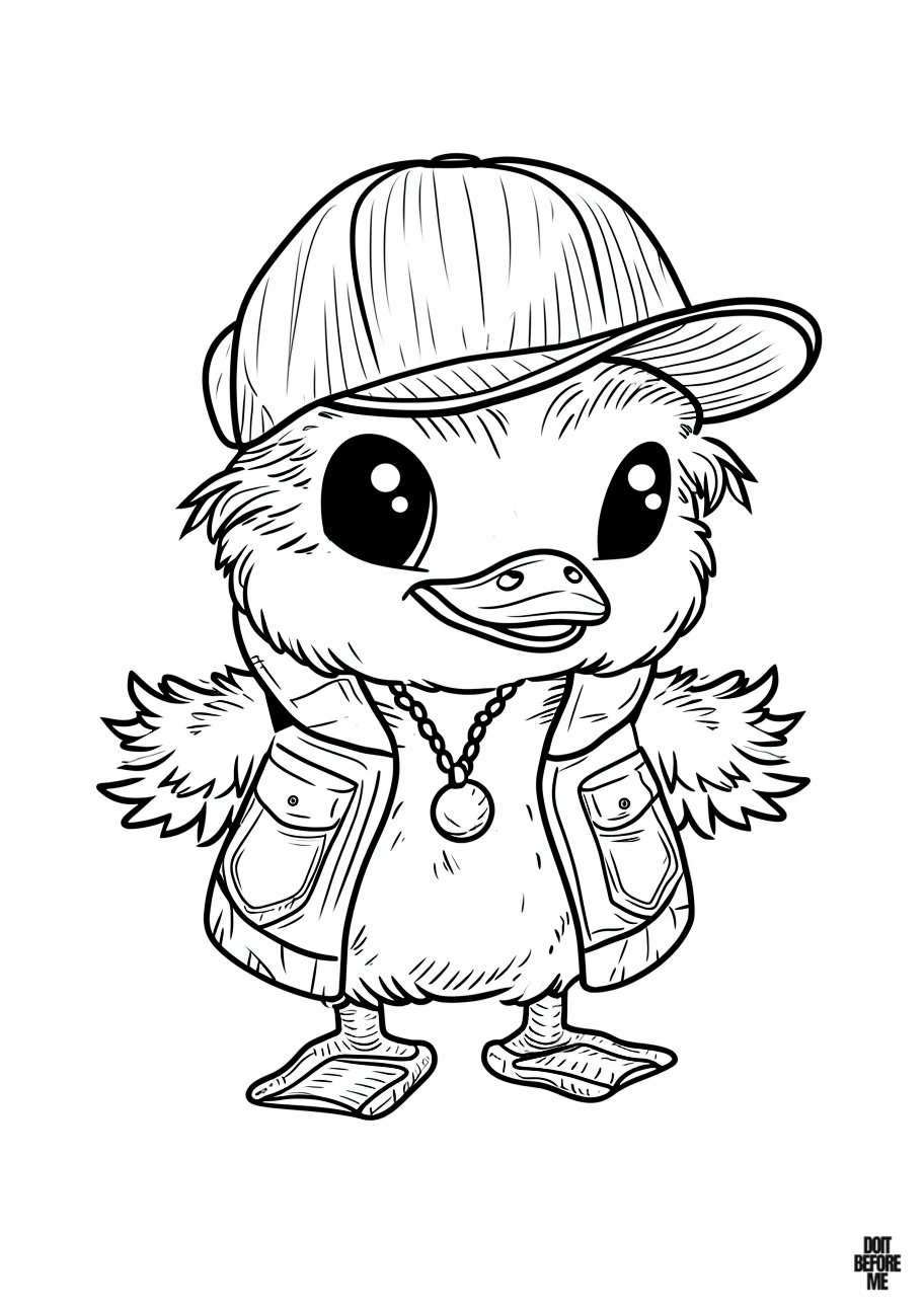 Coloring page featuring a cute baby duck wearing a sports hat, chain necklace, and jacket, appeals to boys, preschoolers, and toddlers to color.