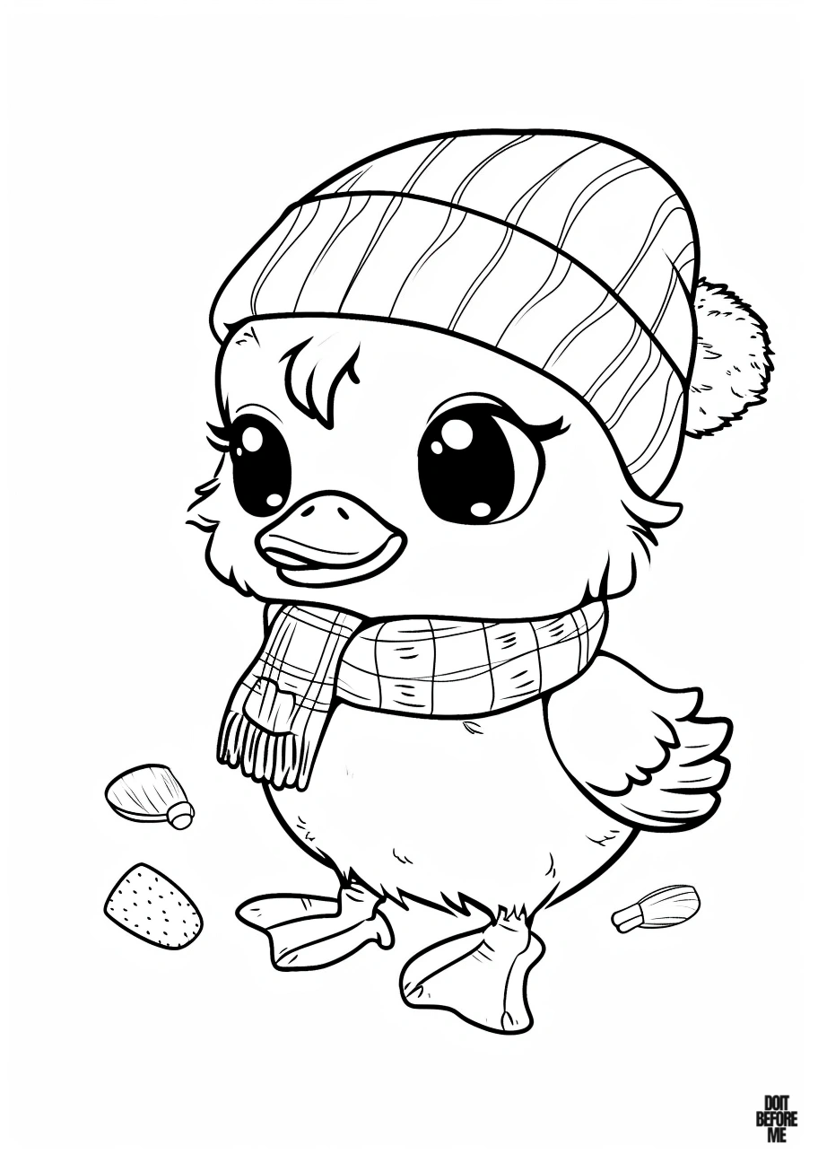 A simple and plain coloring page featuring a cute baby duck wearing a beanie and scarf, designed to engage preschoolers and toddlers in easy coloring activities.