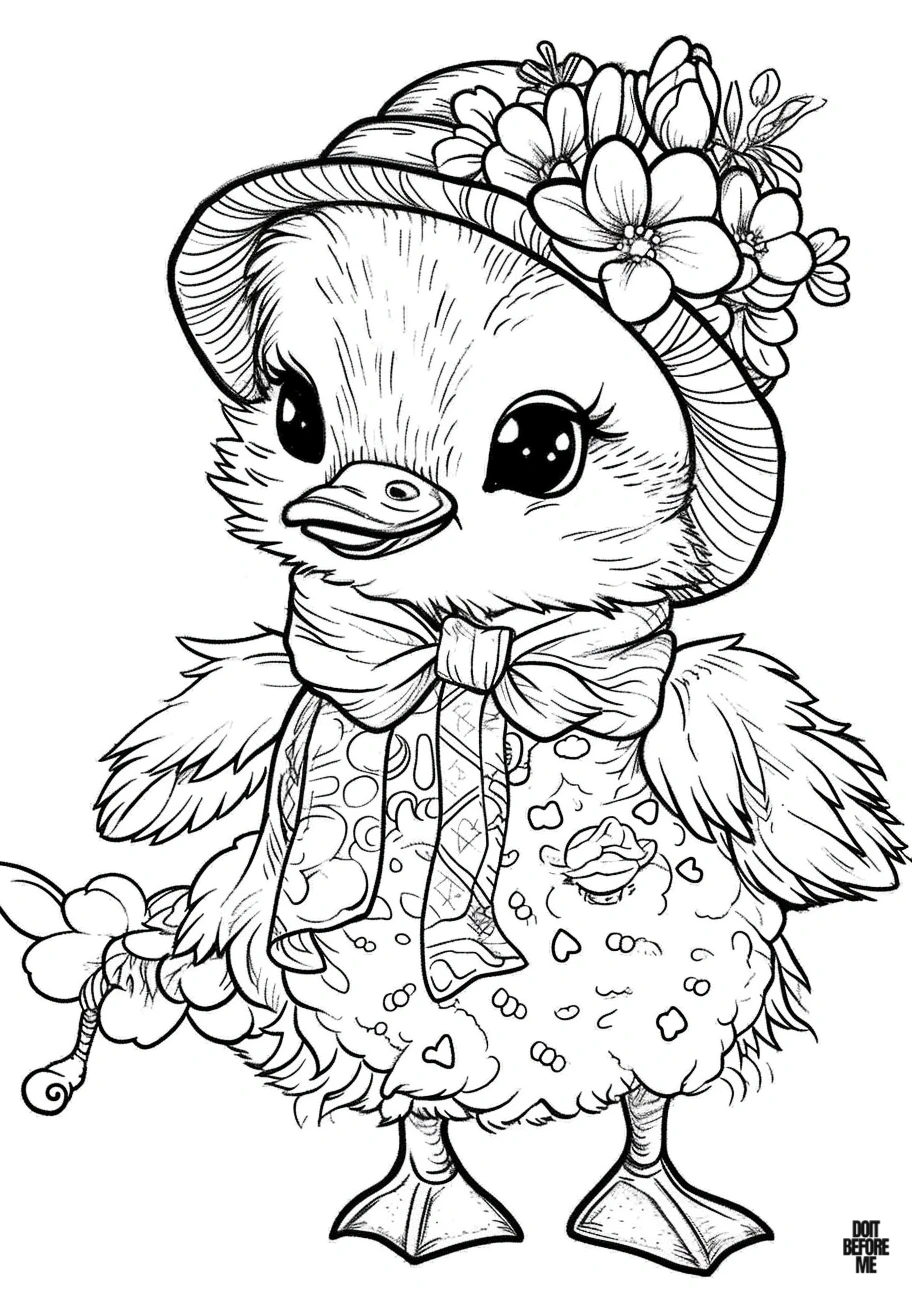 Stylish female baby duckling with a ribbon around its neck: an extremely cute and kawaii coloring page which includes intricate details for adults.