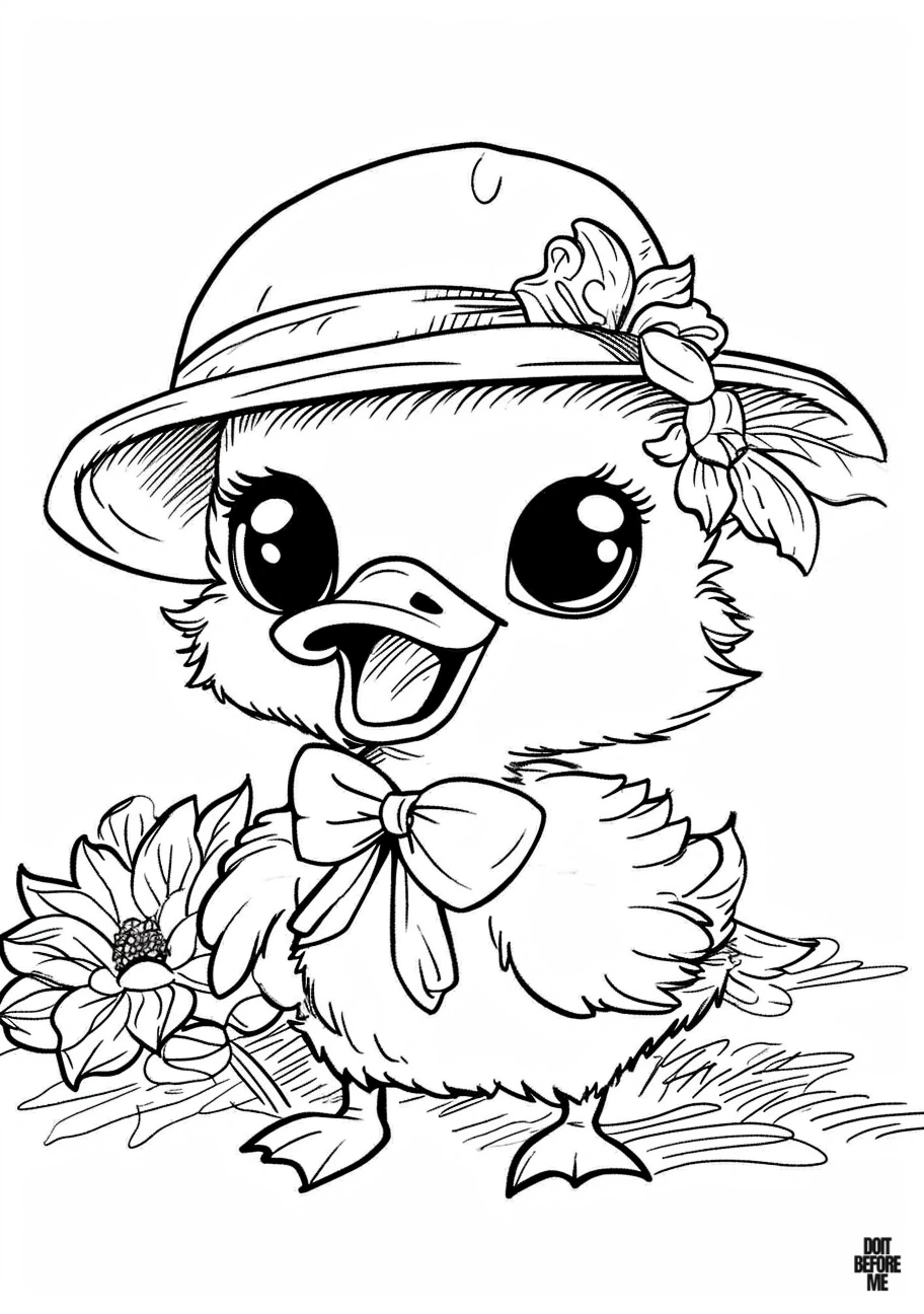 Printable coloring page featuring a duckling adorned with a charming ribbon and stylish hat, designed to engage children, preschoolers, and toddlers in coloring.