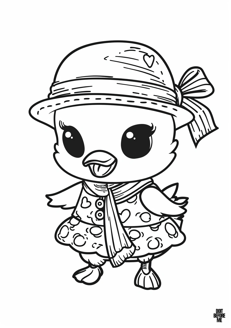 Coloring sheet depicting a cute female baby duckling adorned in a fashionable outfit, designed for young girls.