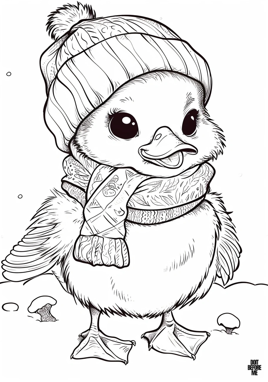 Free printable coloring page featuring a cute duck illustration in a kawaii style. Suitable for both adults and children.