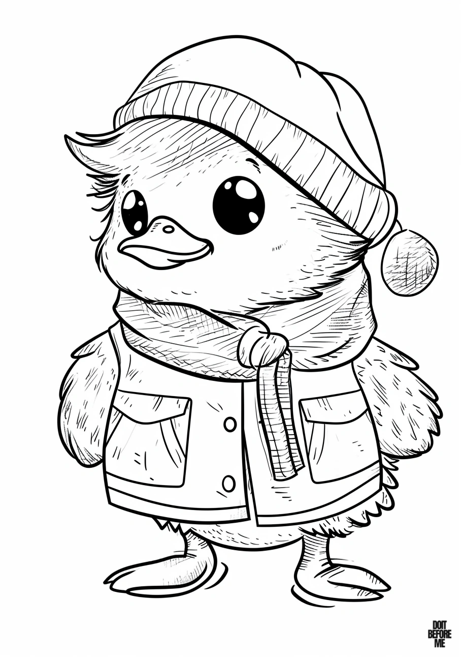 Printable coloring page of a young duckling dressed in a stylish coat, beret, and scarf, standing confidently like a human. Ideal coloring page for both adults and children, featuring a cute, cool, and fashionable animal character.