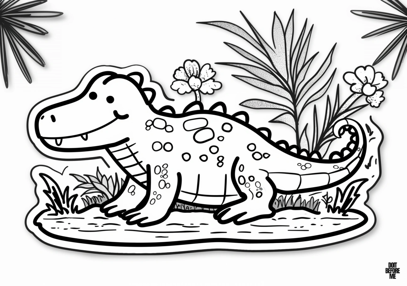 Easy cartoon alligator coloring page for kids with a tropical and exotic background.