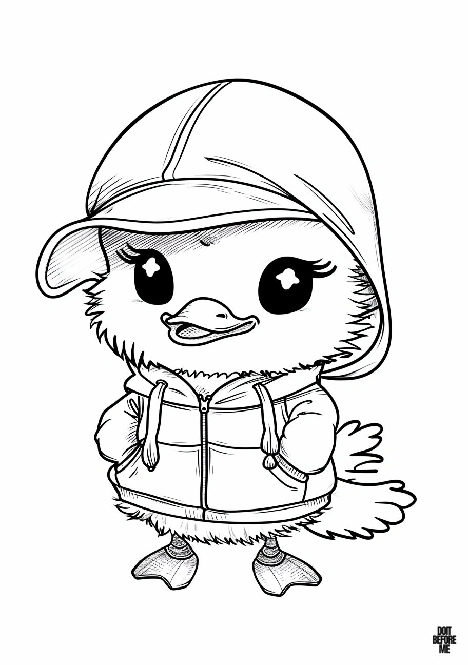 Printable coloring page featuring a cute little baby duck with glowing eyes, adorned with a hat and charming outfit, provides easy coloring for children.